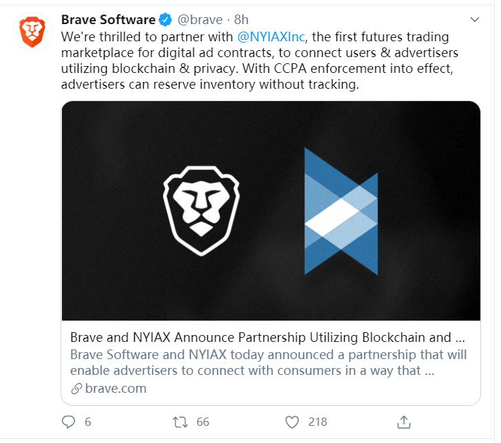 【ipfs几时上线?】Brave 宣布与 NYIAX 达成合作，后者技术提供方为纳斯达克-区块链315
