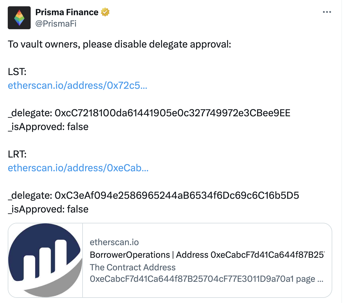 Prisma Finance提醒金库所有者禁用代理批准功能