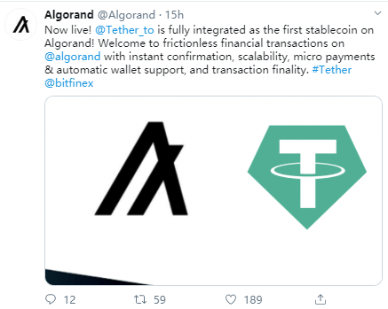 tether与公链项目algorand完成集成,usdt成algorand区块链首款稳定币